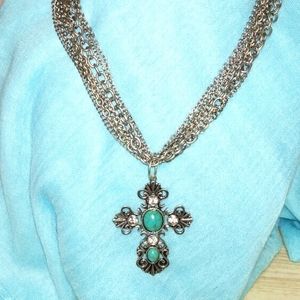 3-27 beautiful cross with faux tortoise and rhinestones and 7 silvertone chains